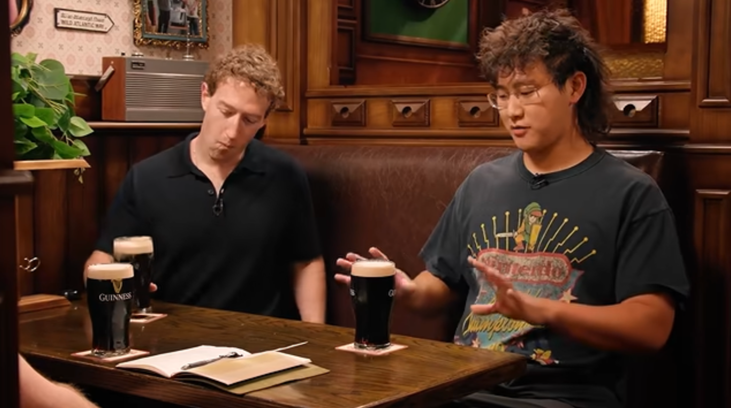 Meta CEO Mark Zuckerberg with Meta chief AI officer Alexandr Wang on Stripe's "Cheeky Pint" video series.